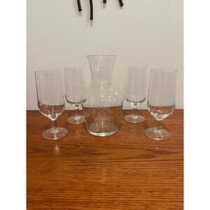 Vintage Set Carafe Four Glasses Engraved Crest Inscribed Signature Unique Gift